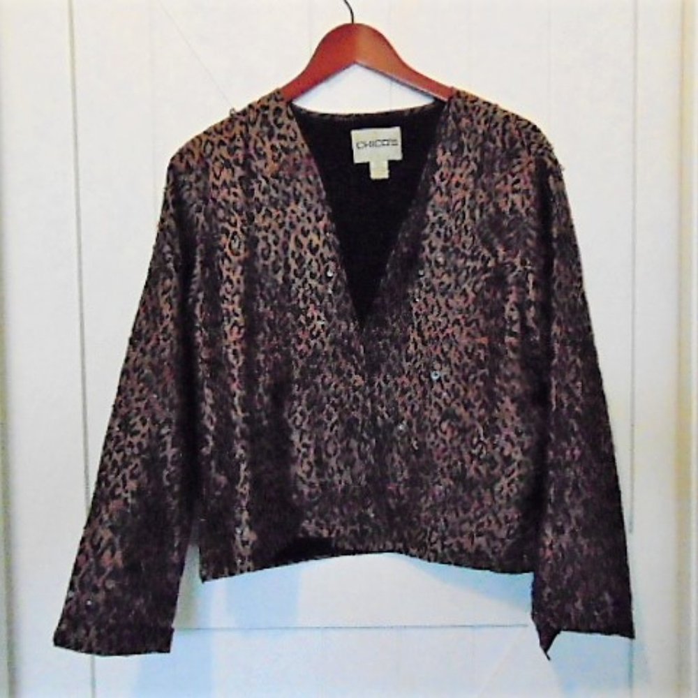 Chico's Open Front Jacket Leopard Print 100%‎ Silk
